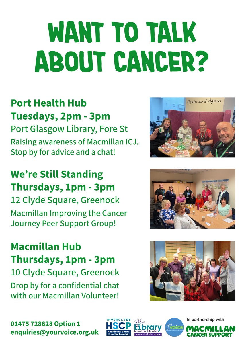 Want to talk about cancer? We're here for you 🙂💚

Tuesdays, 2pm - 3pm
Port Glasgow Library, Fore St

Thursdays, 1pm - 3pm
12 Clyde Square, Greenock

Thursdays, 1pm - 3pm
10 Clyde Square, Greenock

yourvoice.org.uk/macmillan

#InverclydeCares #macmillan