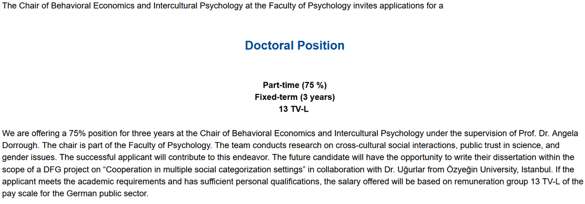 WingenTobias's tweet photo. Job alert! 🚀 An exciting 3-year, 75% PhD position in a DFG project on Cooperation, alongside a great team (with Angela Dorrough and @MarinaOrifici). Flexible work schedules and remote arrangements possible. Apply here: https://t.co/Vg5adNncJz https://t.co/AoF3r8QXwF