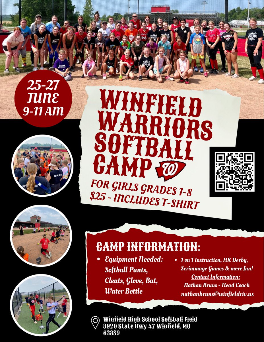 Our 3rd Annual Youth Softball Camp is back and better than ever this summer! Come enjoy some fun in the sun with current HS players and coaches! And yes… the water slide will be back by popular demand once again this year! Click on the QR code to sign up today! 🥎