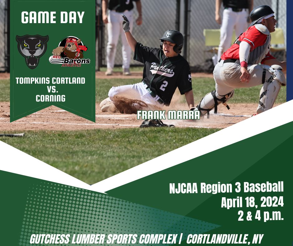 GAME DAY Panthers baseball hosts Corning today for @NJCAAReg3 doubleheader. First pitch at 2 p.m. at the Gutchess Lumber Sports Complex in Cortlandville. #PawsUp