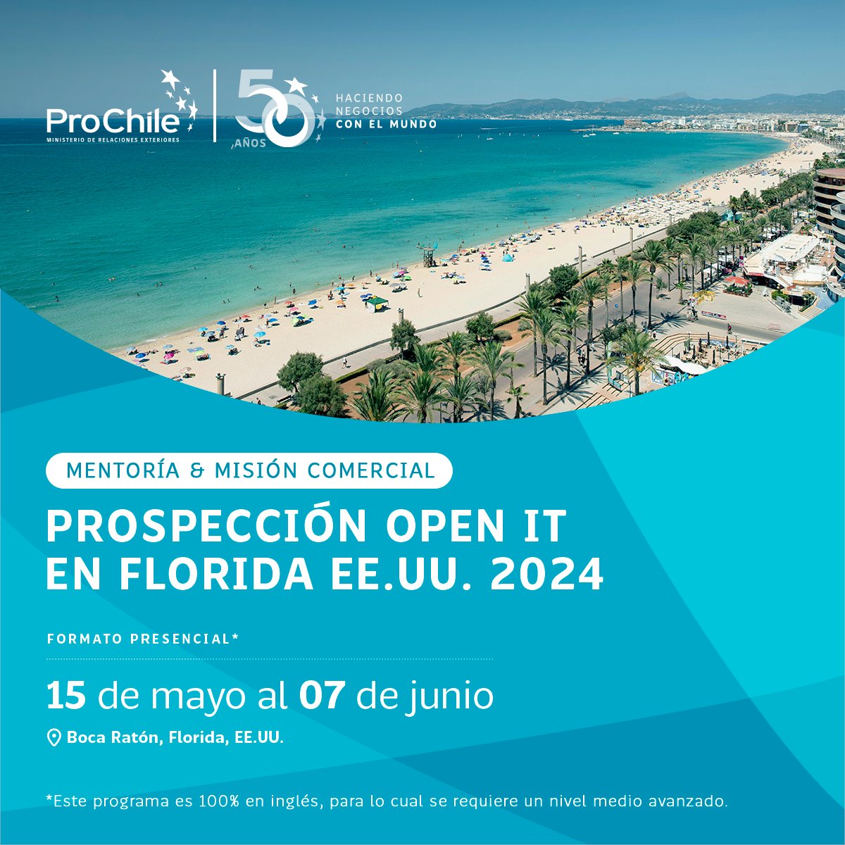 📢 ProChile te invita a que te unas a la Mentoría y Misión Comercial Prospección Open It en Florida, Estados Unidos. Con un programa 100% en inglés y dirigido por The Research Park at Florida Atlantic University🇺🇸 ¡No te lo pierdas! 💻Postula aquí: bit.ly/49FsXbp