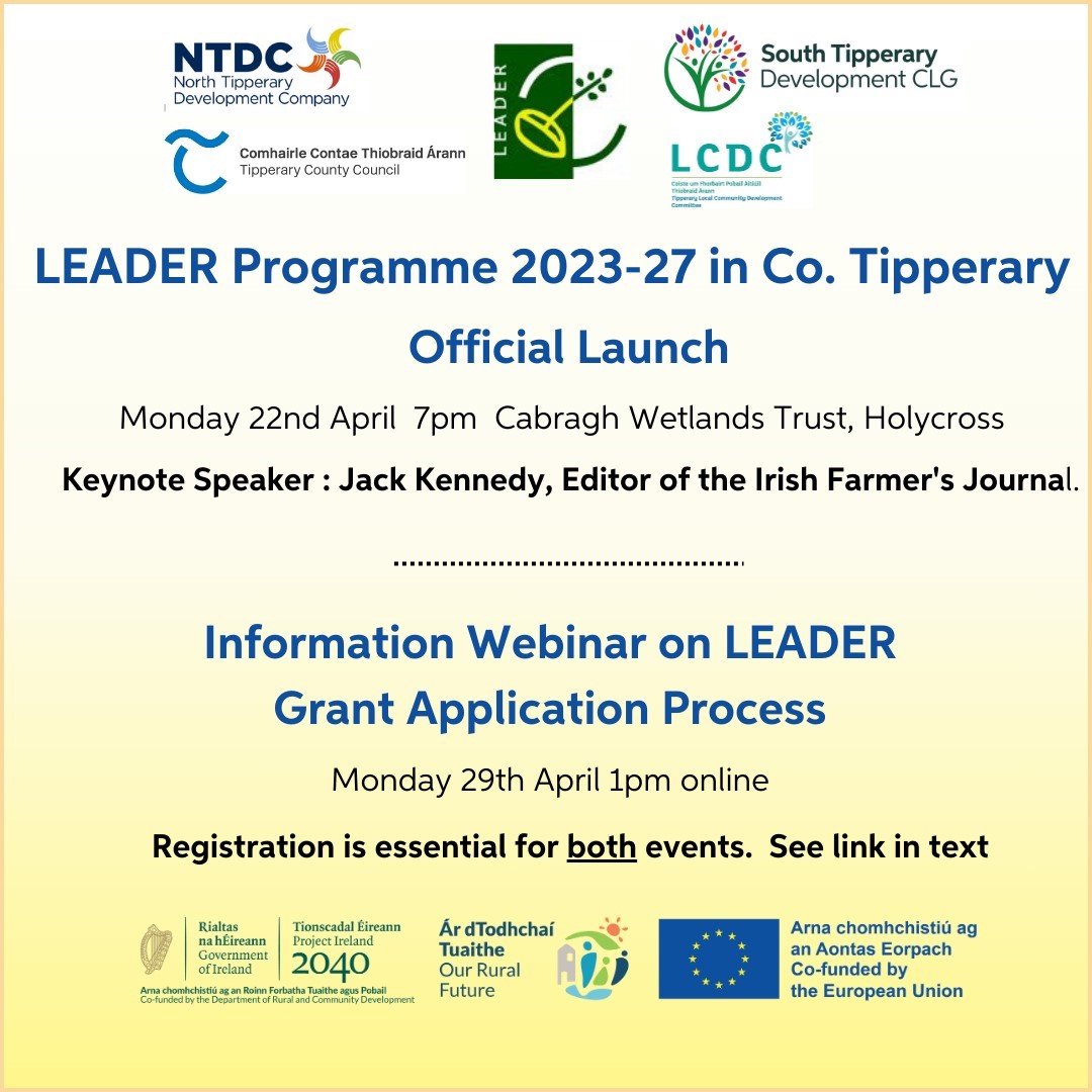 The Official Launch of the Tipperary LEADER Programme 2023-27 This event will be held in Cabragh Wetlands Trust, Thurles E41 T266 on Mon 22nd April 2024 at 7pm. Please register here to attend: eventbrite.ie/e/877389364207…