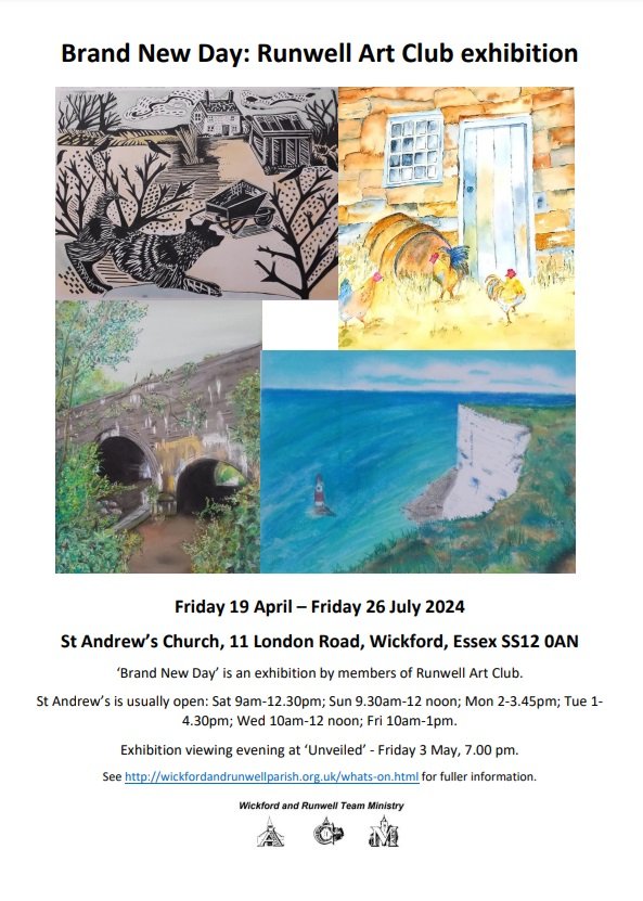 'Brand New Day' is the latest exhibition at St Andrew's Wickford. It's a group show by Runwell Art Club and can be seen during church opening hours - wickfordandrunwellparish.org.uk/whats-on.html