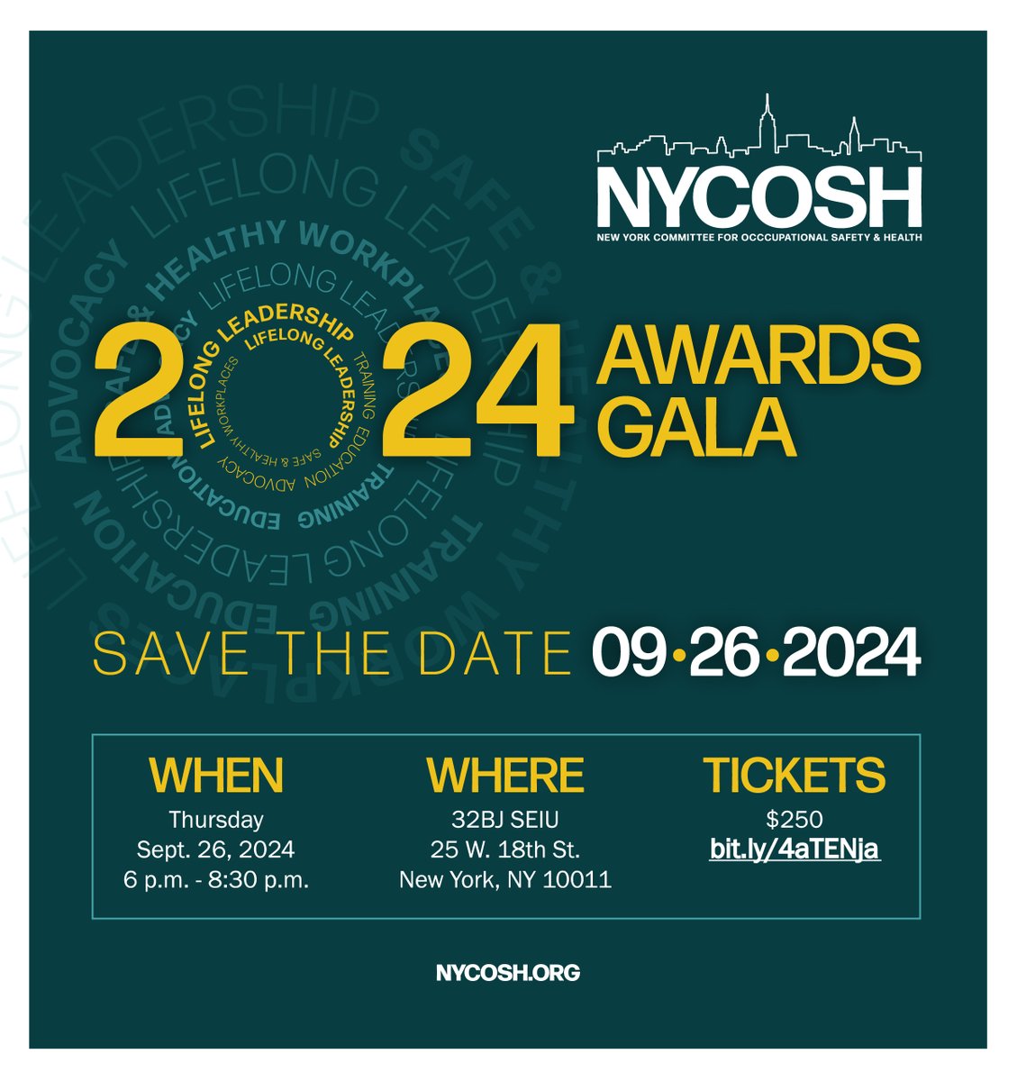 NYCOSH will be hosting our annual gala on September 26th in NYC! Save the Date and stay tuned for honorees 👀