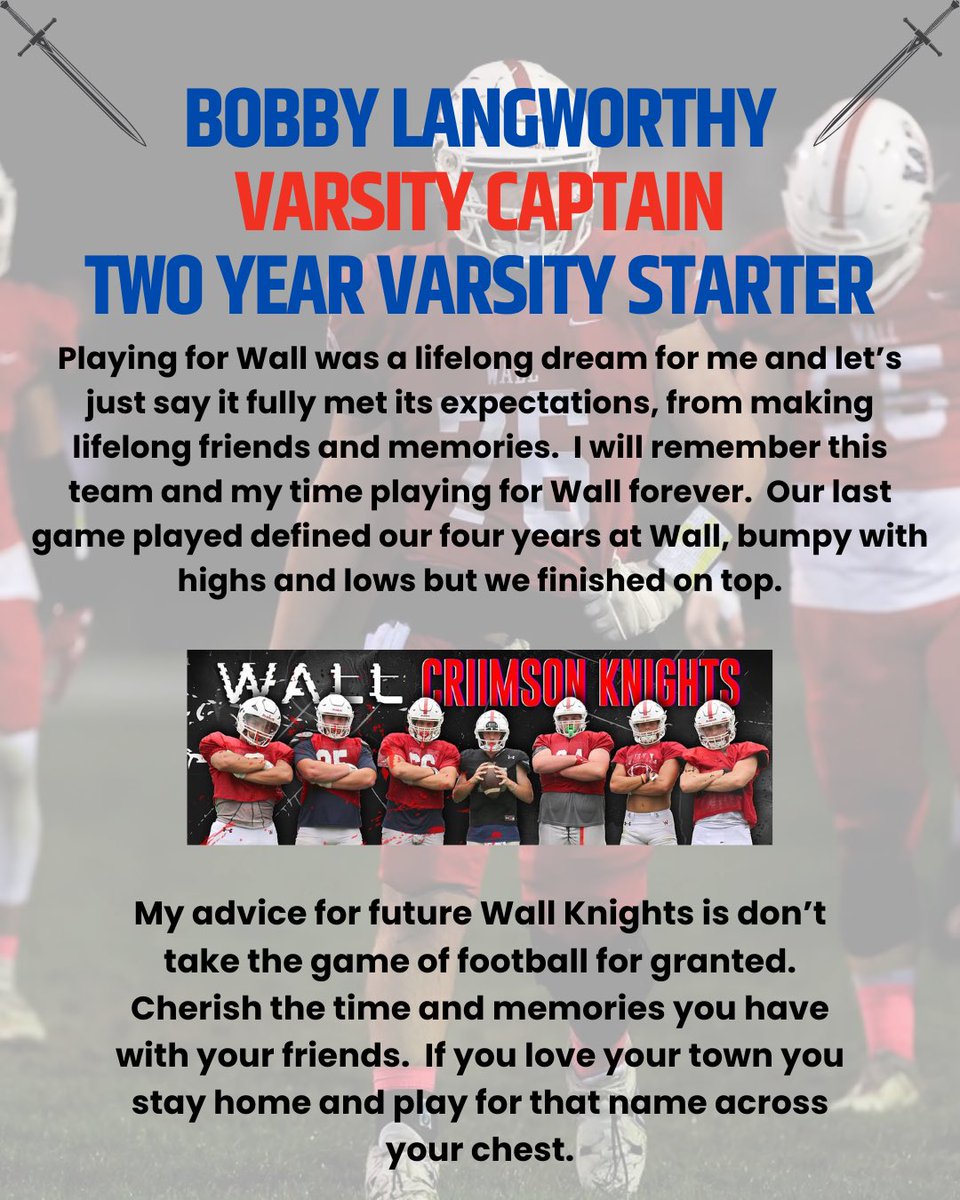 WallKnightsFB's tweet photo. 🗡️Class of ‘24 Senior Spotlight🗡️@_BobbyLang33_🗡️2 year varsity starter🗡️Captain🗡️ Bobby was our emotional leader who played with passion and intensity.🗡️We will miss you.🗡️@EdGurrieri @coachrogers328 @WallAthletics🗡️ #stayhome🗡️#HONORingourtradition🗡️#defineourfuture🗡️ https://t.co/P4SN27S41U