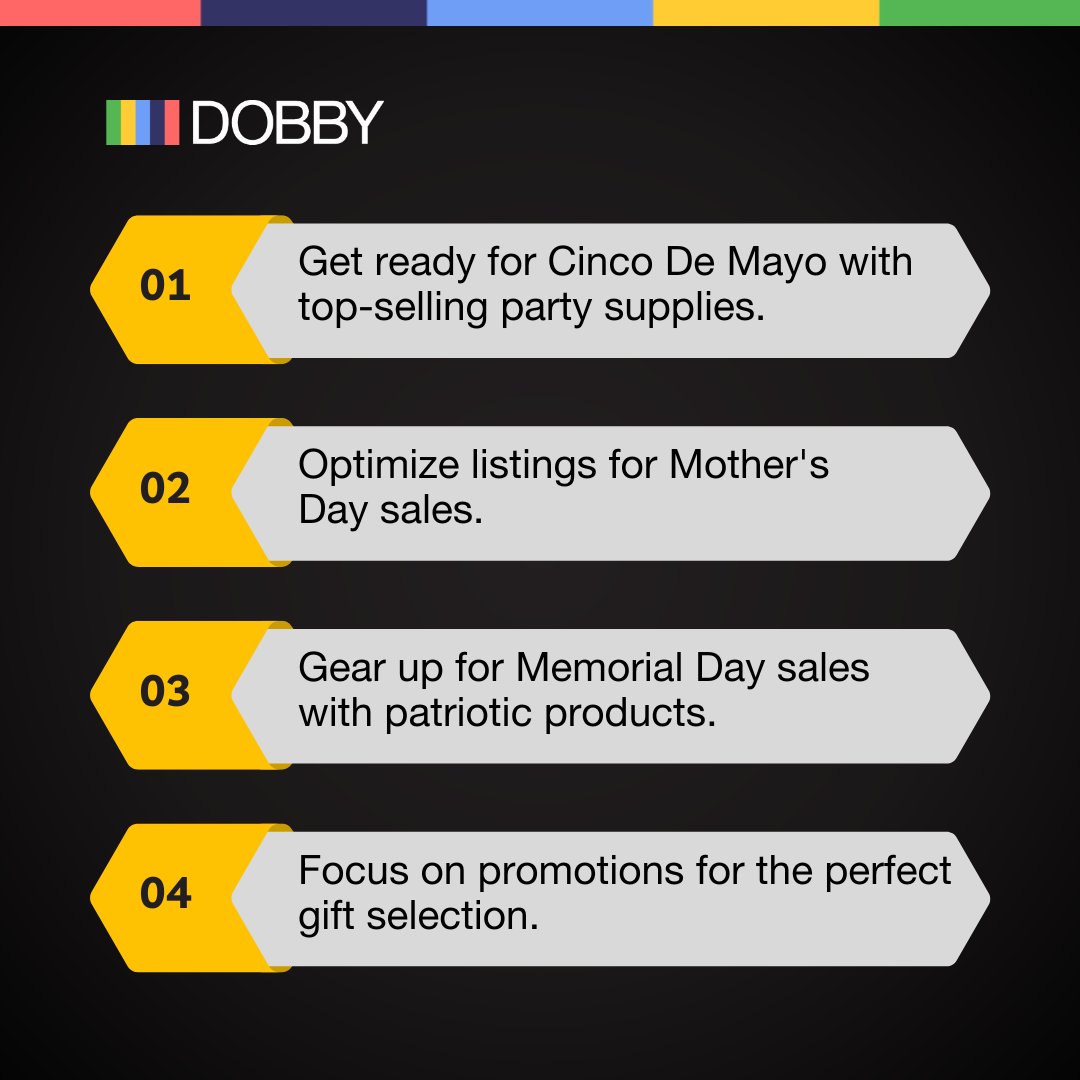 From Cinco De Mayo to Memorial Day, May is packed with sales potential! 🎉 Let's optimize your listings and promotions with Dobby Ads for a month of success. 💼✨ 

#AmazonSuccess #AmazonFBA #MaySales #AmazonSellers #EcommerceGrowth