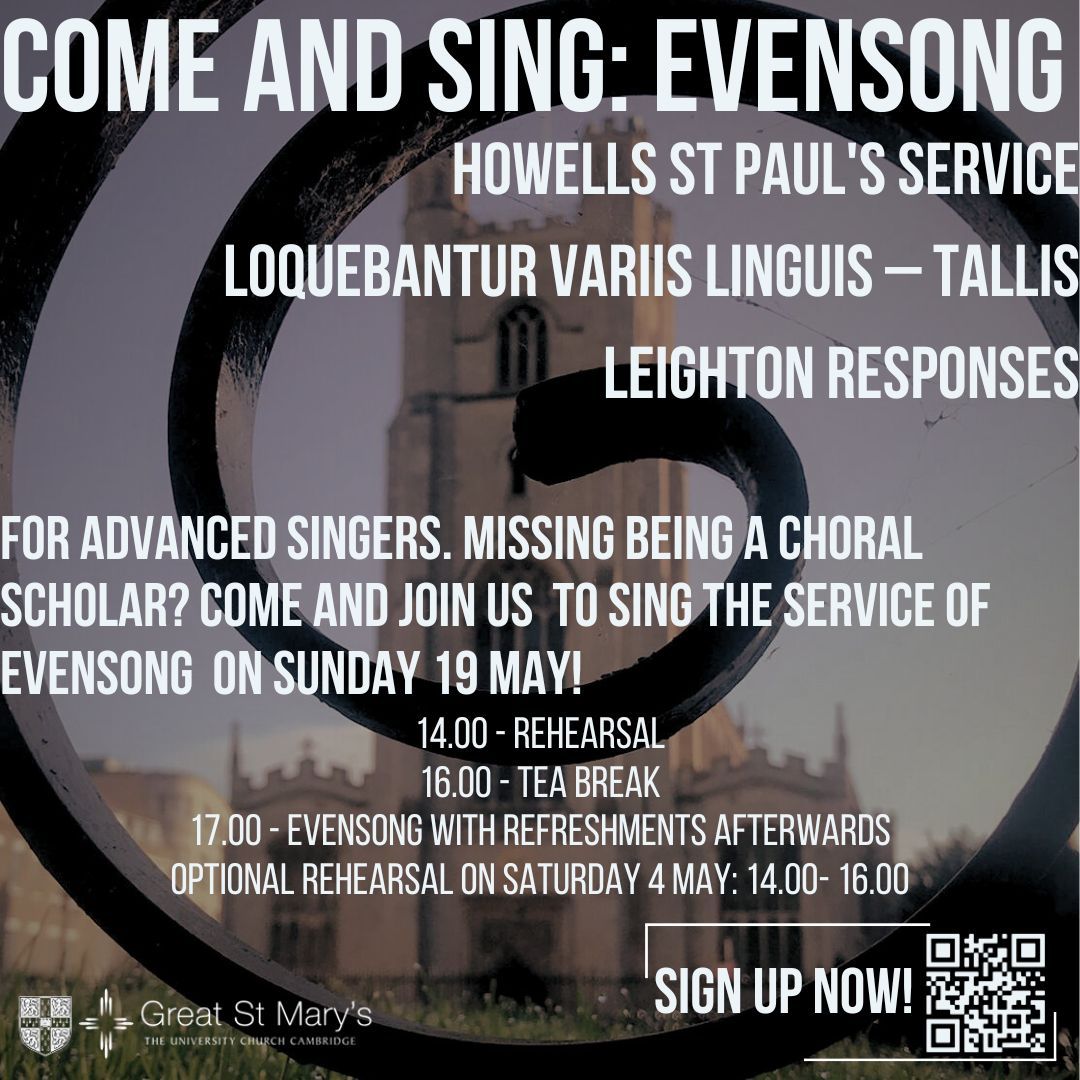Are you an Advanced singer living in Cambridge looking for a challenge? Why not sign up to our Come and Sing Evensong on 19 May? Sign via the QR code or click the link below to fill out the sign up form! buff.ly/3vN3n6B