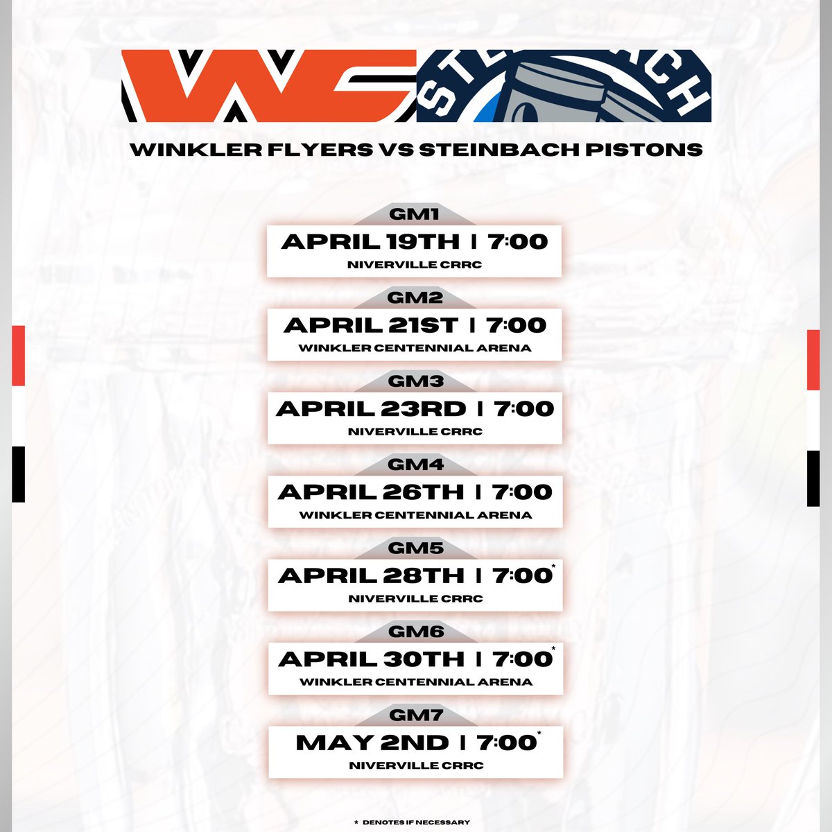 The schedule has arrived for the Turnbull Cup Final between the <a href="/winklerflyers/">Winkler Flyers</a> &amp; <a href="/MJHLPistons/">Steinbach Pistons</a>!

<a href="/McMunnandYates/">McMunn and Yates</a> #TurnbullCupPlayoffs