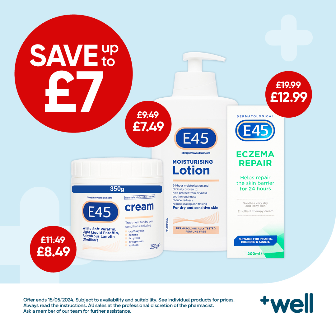 Save on E45 🧴 🙌 Support your skin health this spring with mixed offers across the E45 range. To begin shopping, click the link below. well.co.uk/e45/ *T&Cs apply. Subject to availability. #E45 #skincare #winterhealth #wellpharmacy