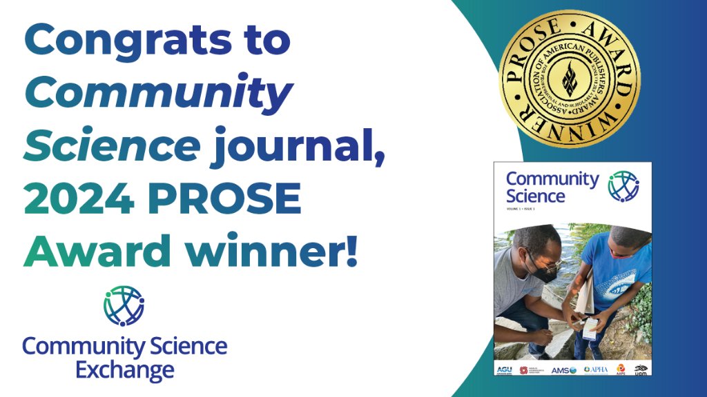 Community Science Exchange is proud to announce that the Community Science Journal is the 2024 PROSE Award recipient for the “Journals” category! Discover how it is dedicated to an equitable collaboration of science aimed at beneficial community outcomes. lite.spr.ly/60092af