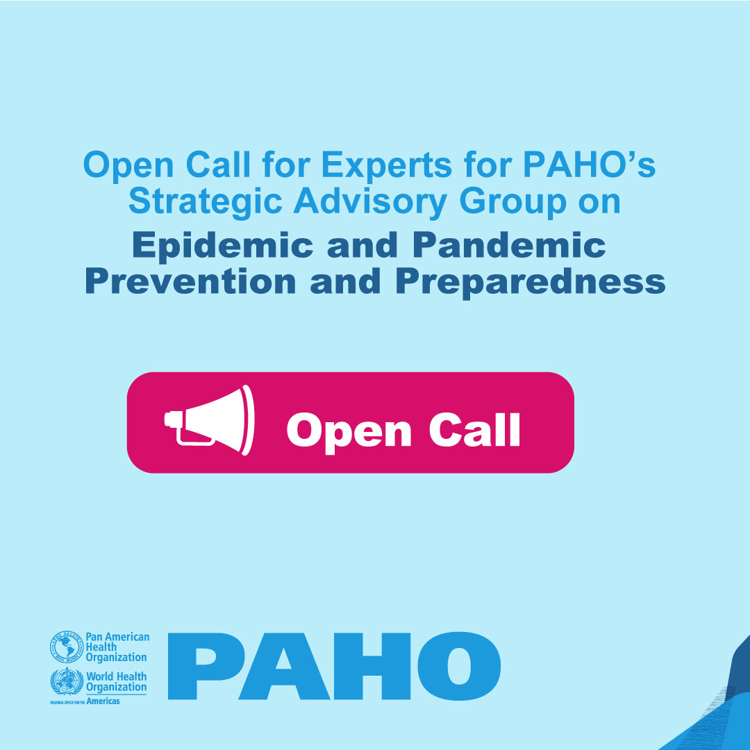 Open 𝗖𝗮𝗹𝗹 𝗳𝗼𝗿 𝗘𝘅𝗽𝗲𝗿𝘁𝘀 for PAHO’s Strategic Advisory Group 𝗼𝗻 𝗘𝗽𝗶𝗱𝗲𝗺𝗶𝗰 𝗮𝗻𝗱 𝗣𝗮𝗻𝗱𝗲𝗺𝗶𝗰 𝗣𝗿𝗲𝘃𝗲𝗻𝘁𝗶𝗼𝗻 𝗮𝗻𝗱 𝗣𝗿𝗲𝗽𝗮𝗿𝗲𝗱𝗻𝗲𝘀𝘀. Deadline: May 3, 2024 More information: paho.org/en/open-call-e…