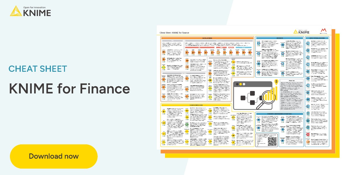 Download this brand new KNIME for Finance cheatsheet! It highlights the most important nodes and verified components you need to know when it comes to using KNIME for finance. Get your free copy: brnw.ch/21wIWDl #KNIME #finance #anayltics #financialanalytics