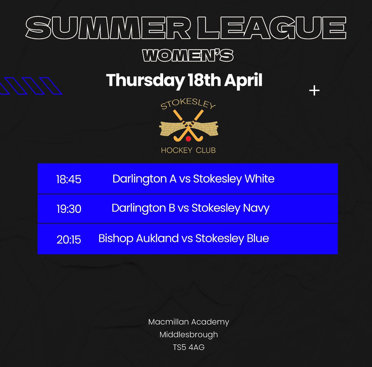 Summer League is BACK!
Even though the weather is not very summery, our summer league starts TONIGHT!

Stokesley White vs Darlington A
Stokesley Navy vs Darlington B
Stokesley Blue vs Bishop Auckland 
#fixtures #summerleague