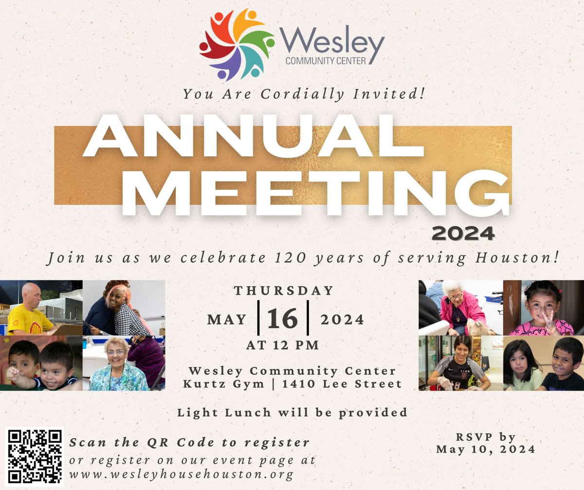 We cordially invite you to our 2024 Annual Meeting, as we celebrate 120 years of serving our Houston Community! Join us Thurs. May 16th at 12pm in the Kurtz Gym for this monumental occasion, All Are Welcome! Light lunch will be provided. RSVP Today at wesleyhousehouston.org/event/annualme…