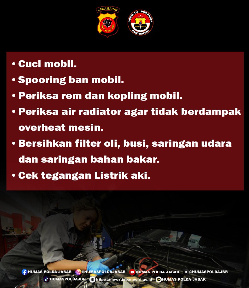 PolresTasikKota's tweet photo. Saat mudik, mobil menjadi kendaraan yang paling banyak digunakan untuk perjalanan jauh. Namun, setelah perjalanan mudik selesai, penting bagi kita untuk merawat mobil dengan baik agar mobil tetap dalam kondisi baik ya Sobat Polri. https://t.co/ti1K9QBmEa