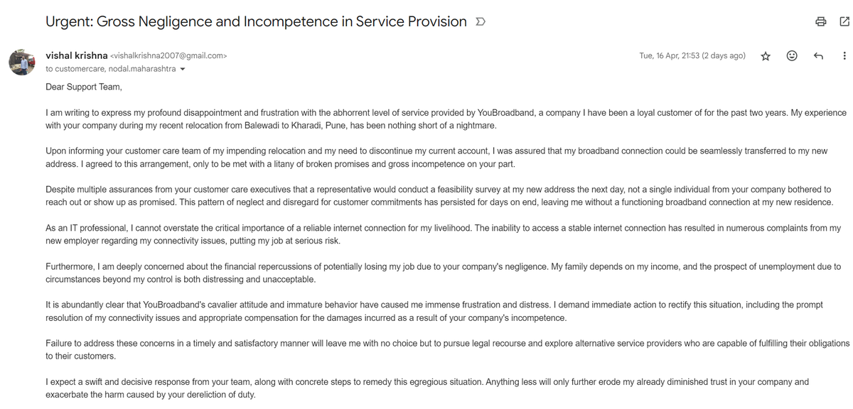 vishalkrishna's tweet photo. @youbroadband Worst service provider with worst customer support and field team.

Even after writting emails, calling customer care, no one cares even nodal officer. Not received a single response. https://t.co/reOav64lml