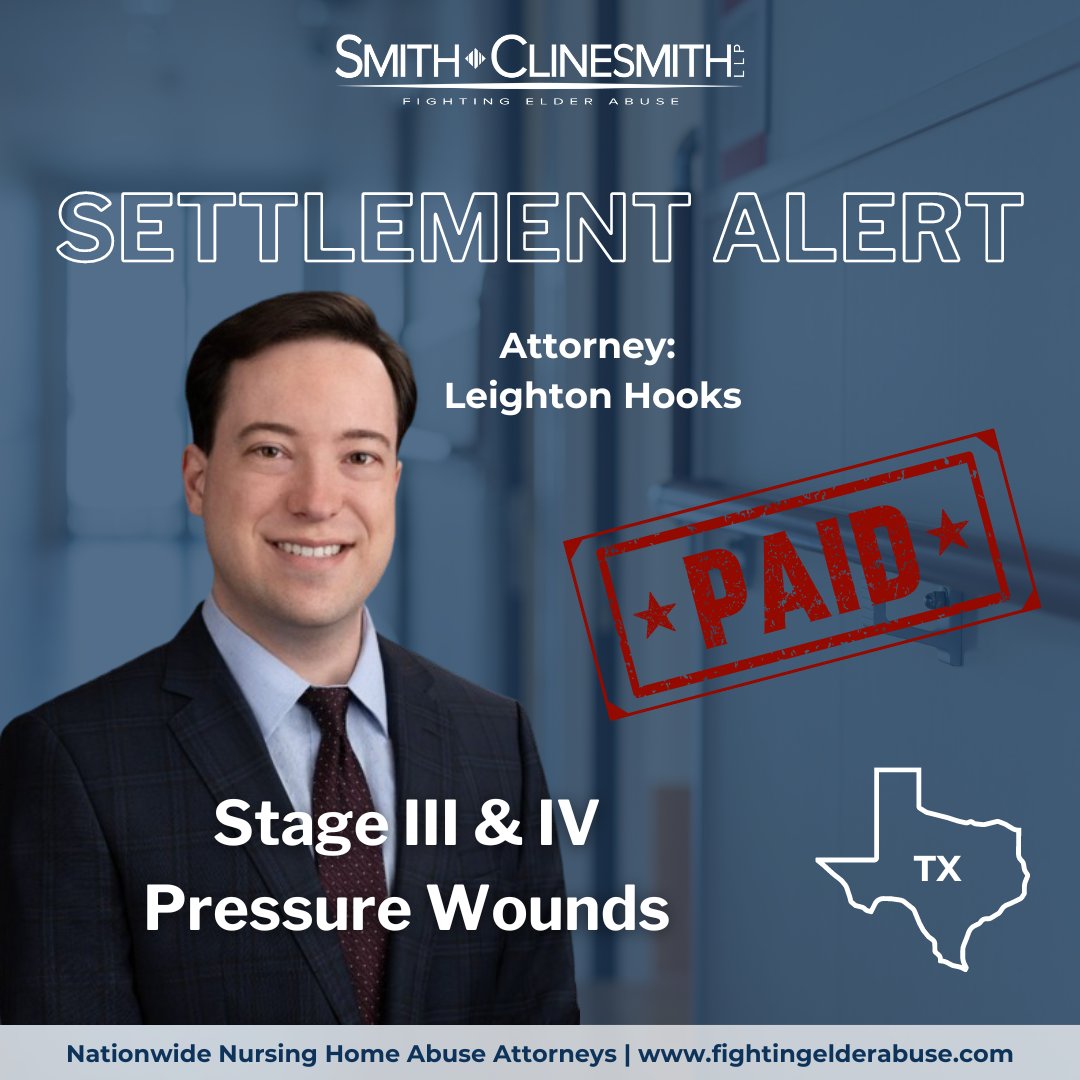 SmithClineLLP's tweet photo. Another victory in the fight against nursing home abuse with a successful settlement by attorney Leighton Hooks https://t.co/7q8JNroGkc and Texas team. 🤝 #SettlementAlert #TeamSmithClinesmith #nursinghomeabuse https://t.co/8PsOjo9y7p