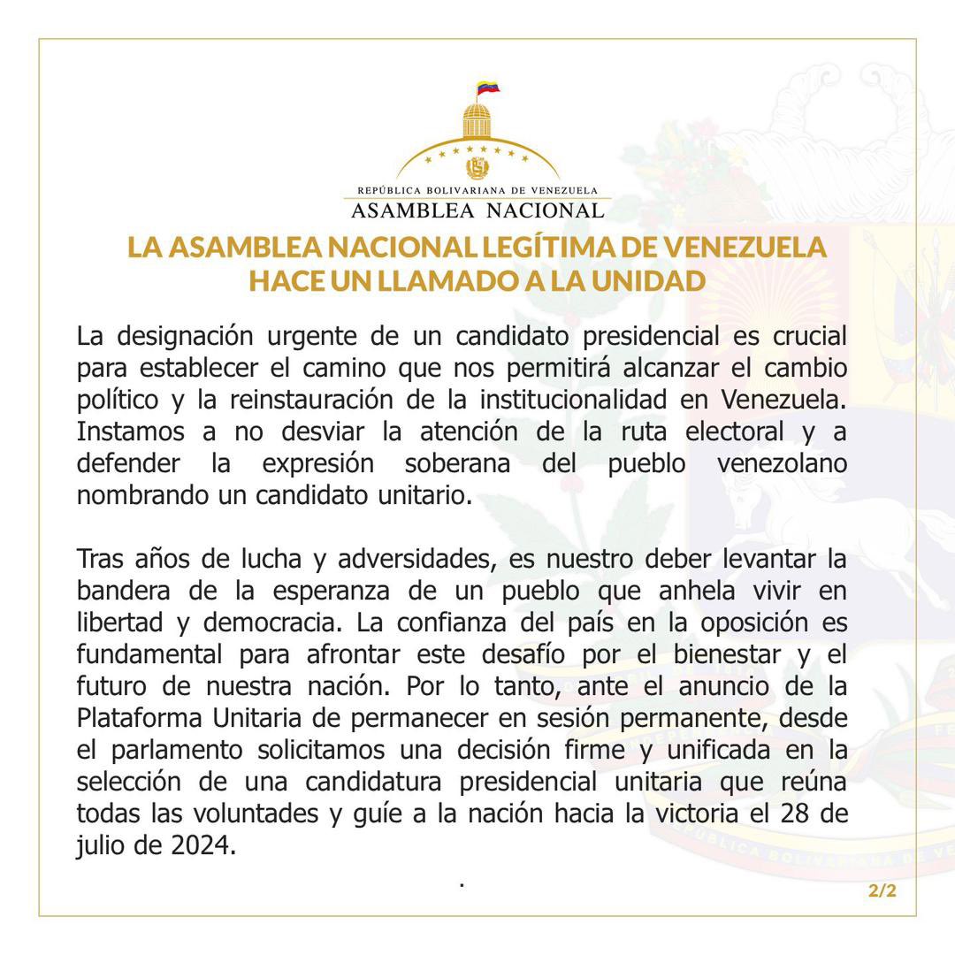 🚨 ATENCIÓN | La Asamblea Nacional legítima de Venezuela hace un llamado a la Unidad