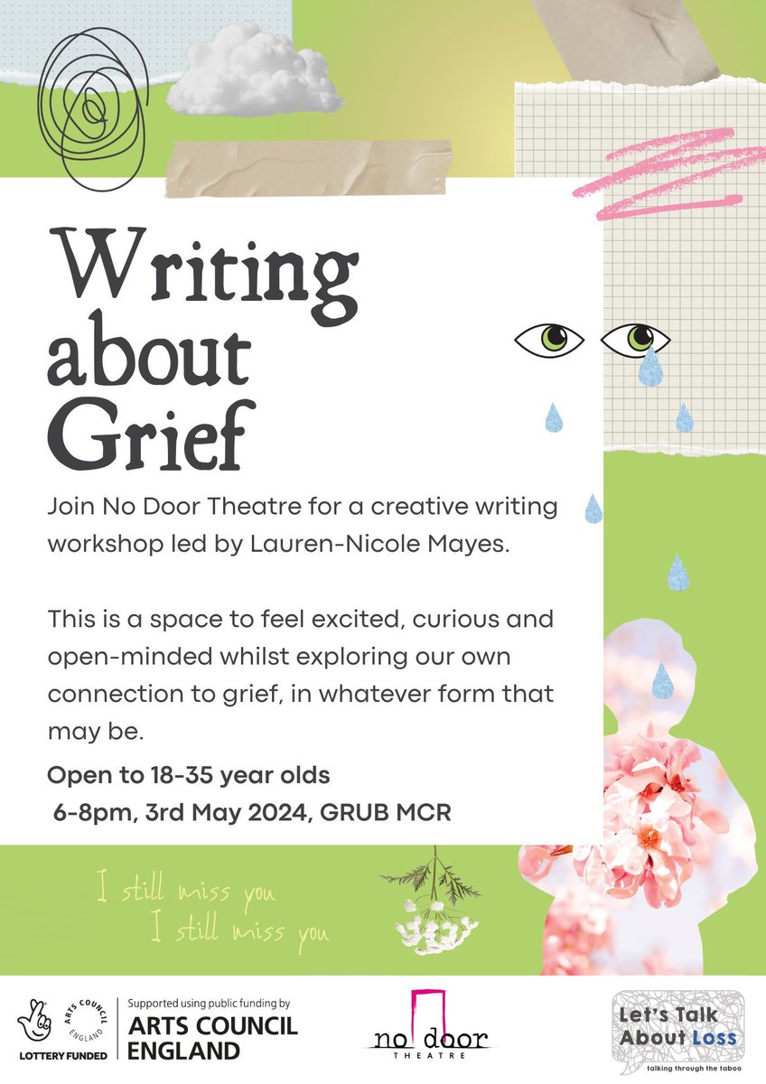 Our second Writing about Grief workshop details are out! A free workshop for 18-35 year olds in collaboration with @talkaboutloss GRUB (Manchester) - 3rd May, 6 - 8 PM led by writer + actress Lauren-Nicole Mayes @laurennicolema Sign up here: buff.ly/3Q8rUJU