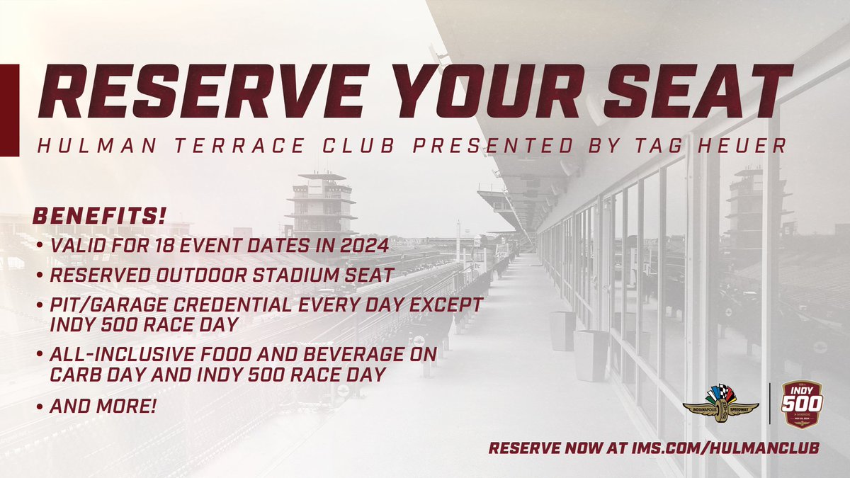 Spectacular views. Great amenities. Hulman Terrace Club presented by @TAGHeuer is as close as you can get to a season pass at #IMS, and there's still space available! Reserve your spot for the #Indy500, #Brickyard400 and more! 🎟️ >>> IMS.com/HulmanClub #INDYCAR | #NASCAR