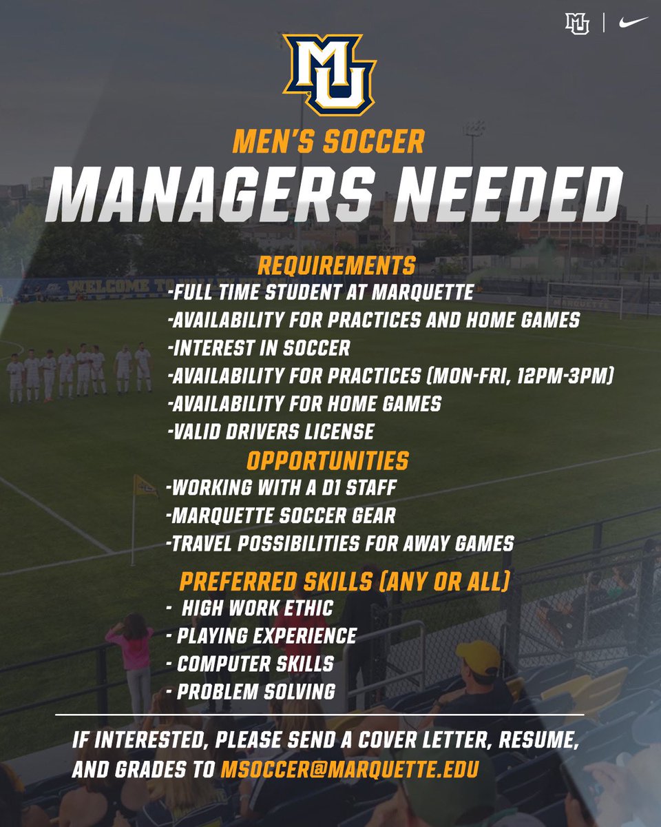 Student Managers needed for Fall 2024! ⚽️ #wearemarquette | #marquettesoccer