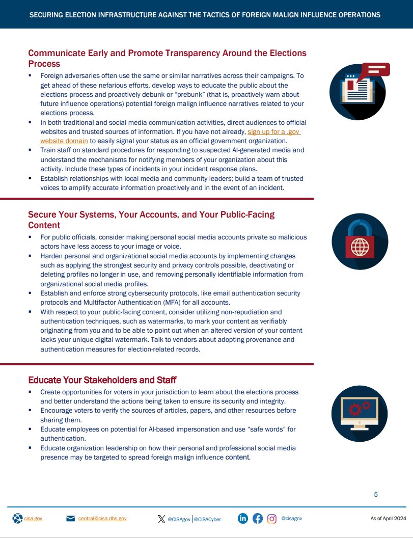 Lots of foreign election influence news/drops this week. Here's one from @CISAgov, @FBI, & @ODNIgov highlighting a few tactics we're seeing from the 'usual suspects' (Russia, China, Iran): narrative farming, AI generated images & Audio clips, hack & leaks, paying witting &