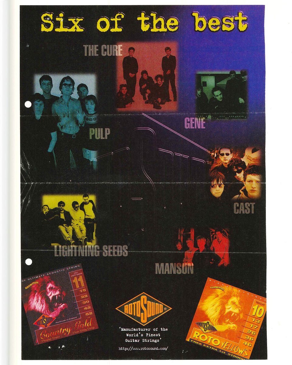 rotosound_uk's tweet photo. #throwback to the turn of the millennium and Six of the Best British bands playing the Best of British Strings πΈ
#tbt #retroadvert #lightningseeds #pulp #thecure #gene #cast #mansun #rotosoundstrings #rotosound #rotosoundplayers https://t.co/Y2Pz8dIw06