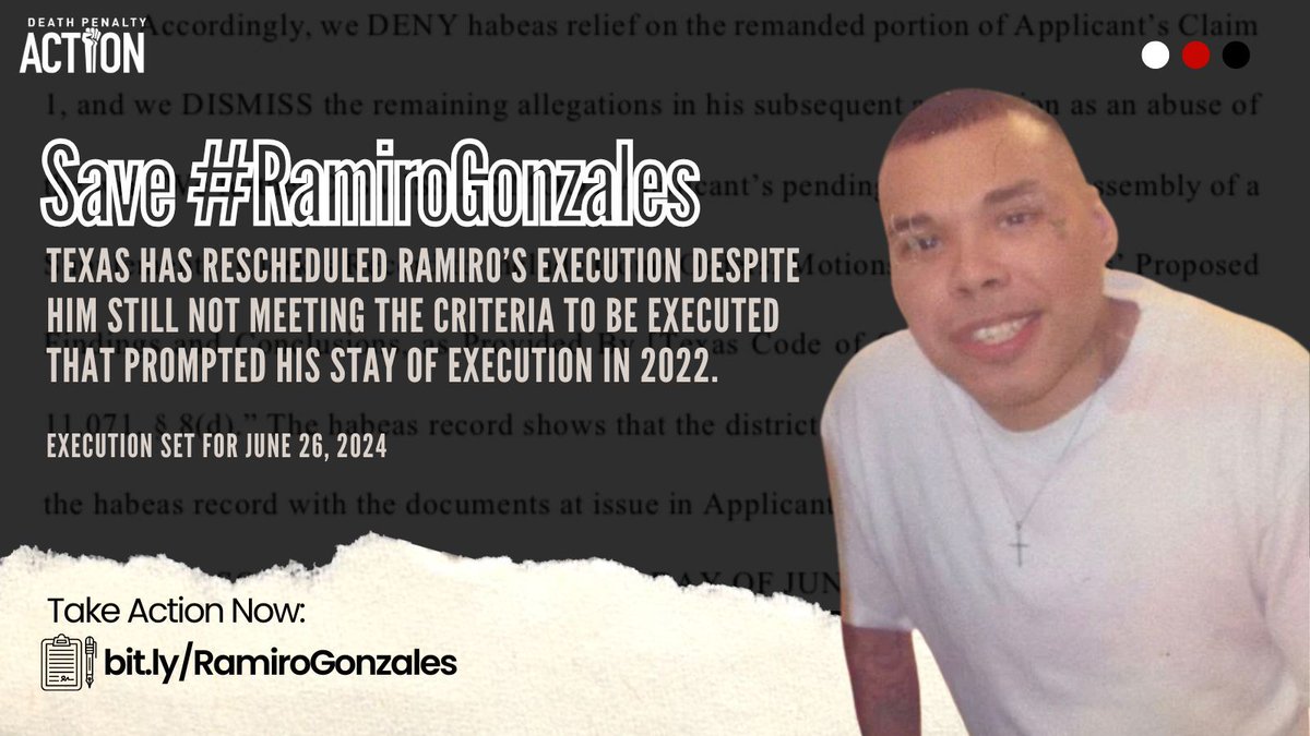 #RamiroGonzales is once again facing execution after the Texas Court of Criminal Appeals stopped his execution in 2022 . The facts haven't changed. Ramiro STILL does not meet the fundamental criteria to be death-eligible in #Texas. Take action! #StopExecutions #SaveRamiroGonzales