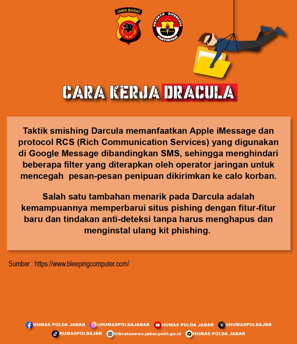 PolresTasikKota's tweet photo. Waspada Phising Melalui iMessage iPhone! 

Kelompok kejahatan phising Dracula berkamuflase melalui RCS dan iMessage untuk menghindari deteksi https://t.co/LKFXZtbE0y
