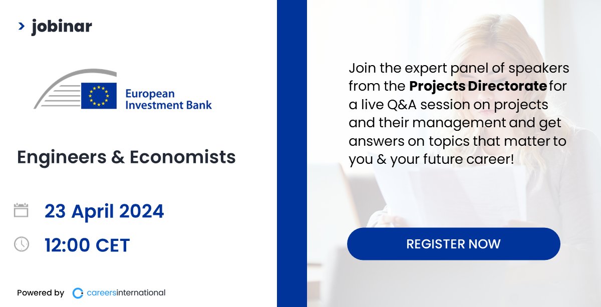 Join the experts from the @EIB for a live conversation around the projects undertaken and the role Engineers & Economists play. Get answers to your questions by registering here eiblux31.jobinar.com #engineers #economists #innovation #decarbonisation #sustainability