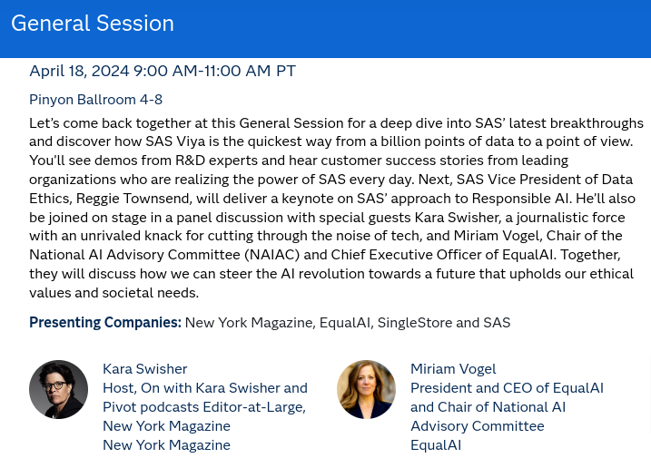 #SASInnovate. Coming up at 9am PT. General Session with @VogelMiriam and @karaswisher.