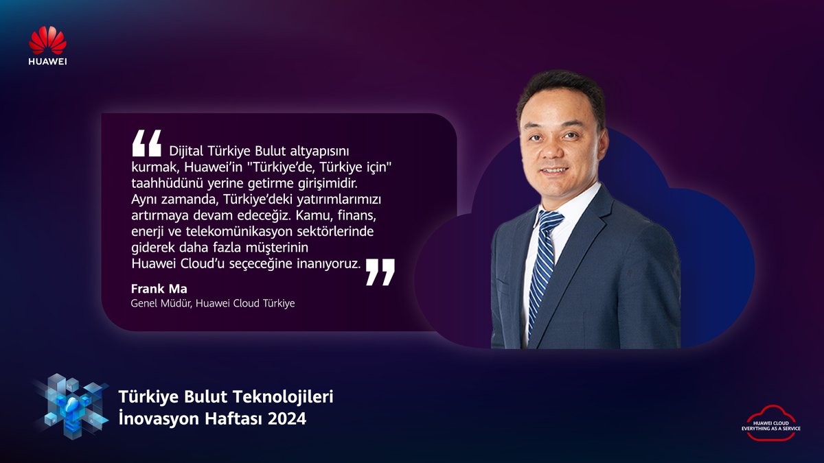 Bugün gerçekleşen Türkiye Bulut Teknoloji İnovasyon Haftası 2024 #HuaweiCloud Türkiye Genel Müdürümüz Frank Ma’nın açılış konuşması ile başladı.

#Huawei