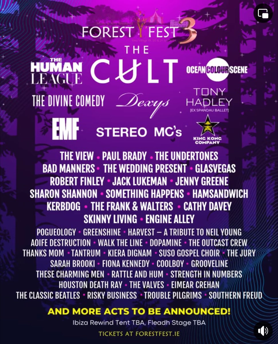 Wow 🤩 The Cult are coming to Forest Fest at Emo 2024 .Cant wait.What a line up this year.Catch myself and the band earlier in the evening on the main stage also.Its gonna be a banger of a weekend for all music lovers 🥳🐦‍⬛ 🎶 @officialcult @jackllukeman @forest_fest