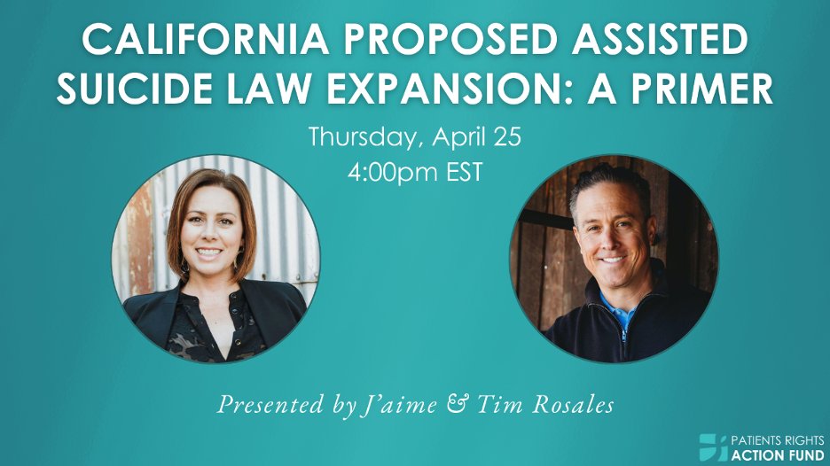 California is stretching the #AssistedSuicide boundaries to allow #euthanasia and to fold in people with #dementia. You are invited to learn about the evolution of this dangerous movement. Join our friends at @PRAFund for this webinar. Register at: us06web.zoom.us/webinar/regist…