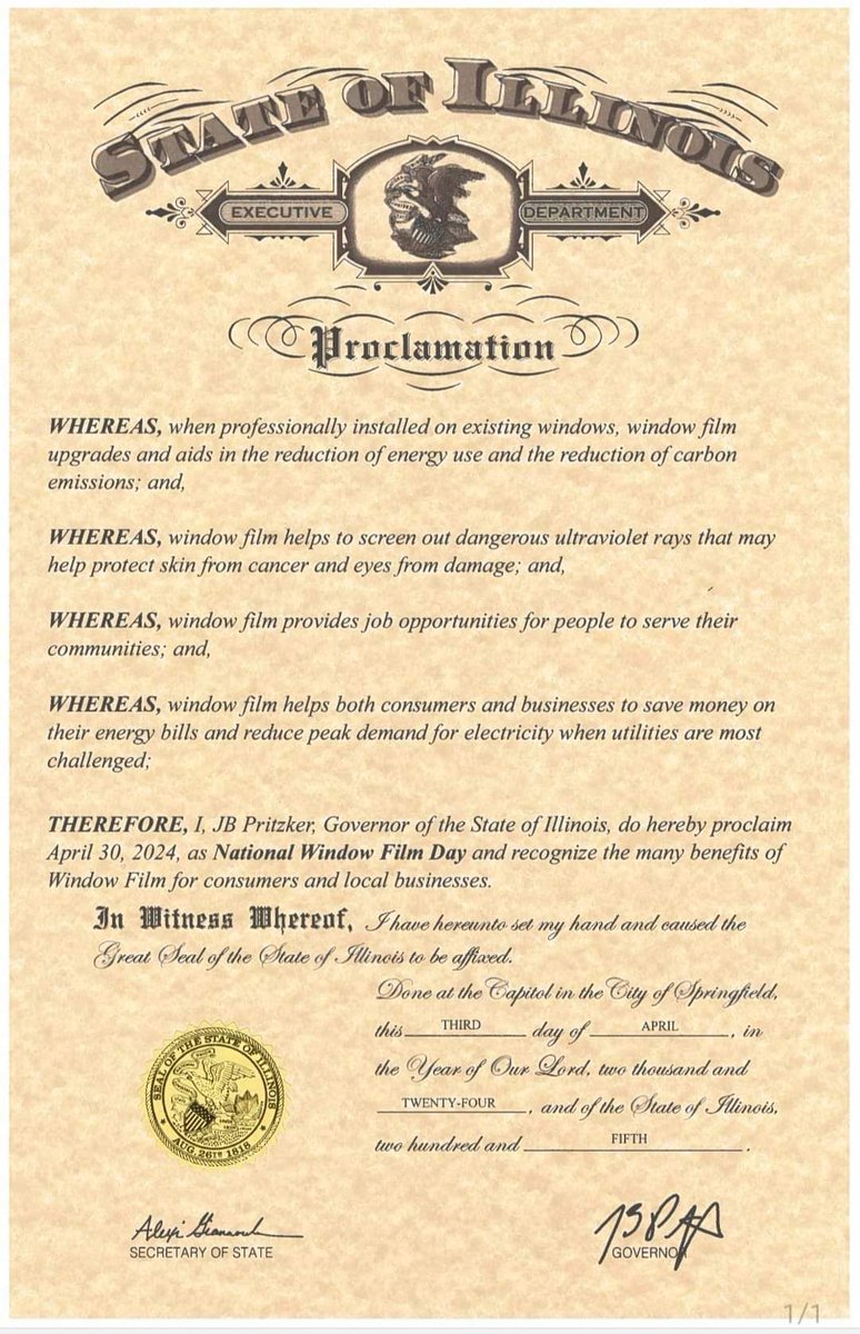 COUNTDOWN National Window Film Day April 30.  We have received the proclamation from the State of #Illinois.  Thank you Governor JB Pritzker.

#IWFA #NWFD #windowfilm
#tinting #education #resources