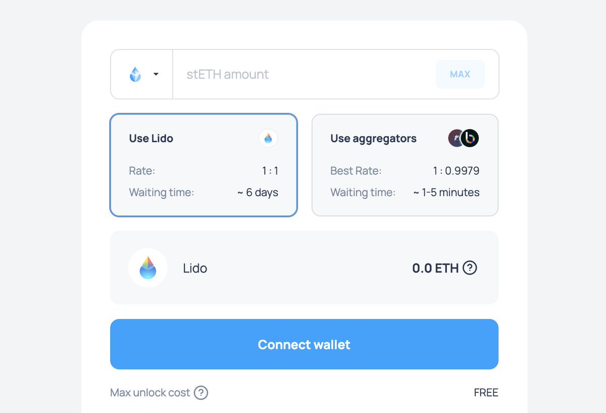The Lido withdrawal widget has been updated to give a precise estimate for  withdrawal completion times ⚡ Use this to better evaluate whether to  withdraw via Lido or swap instantly using supported