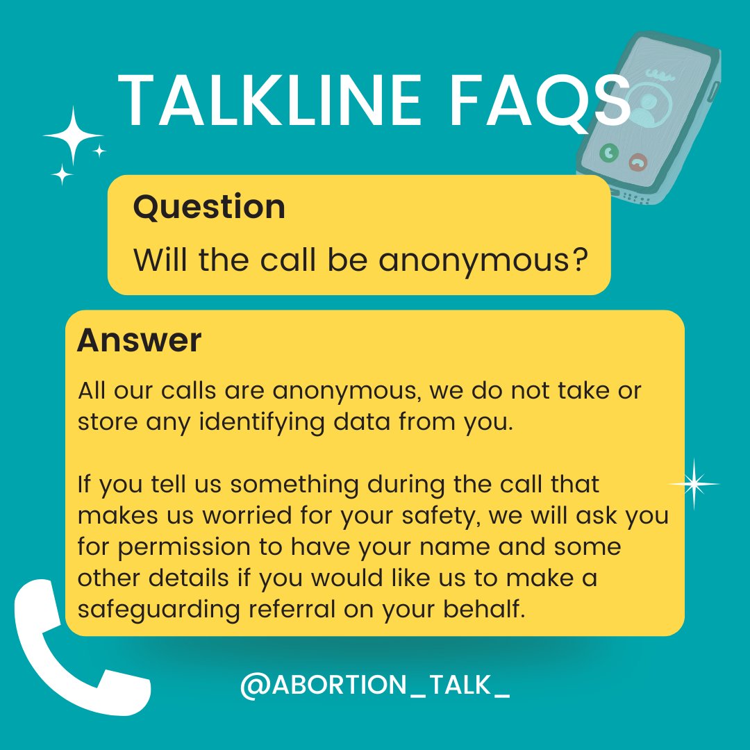 abortion_talk's tweet photo. Talkline FAQ.

At Abortion Talk, we're destigmatising #abortion one conversation at a time. Our #prochoice and pro-voice Talkline is here for you to talk about your abortion experiences and decisions in a safe, judgement-free and friendly environment. https://t.co/fol7Mh7Cb3