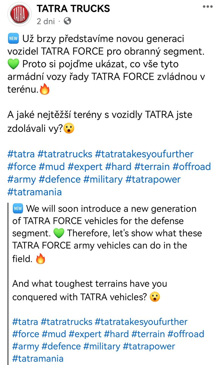 'We will soon introduce a new generation of 🇨🇿Tatra Force trucks for the defense segment.'

📷 transport-logistika.cz , bvv.cz

#Tatraposting