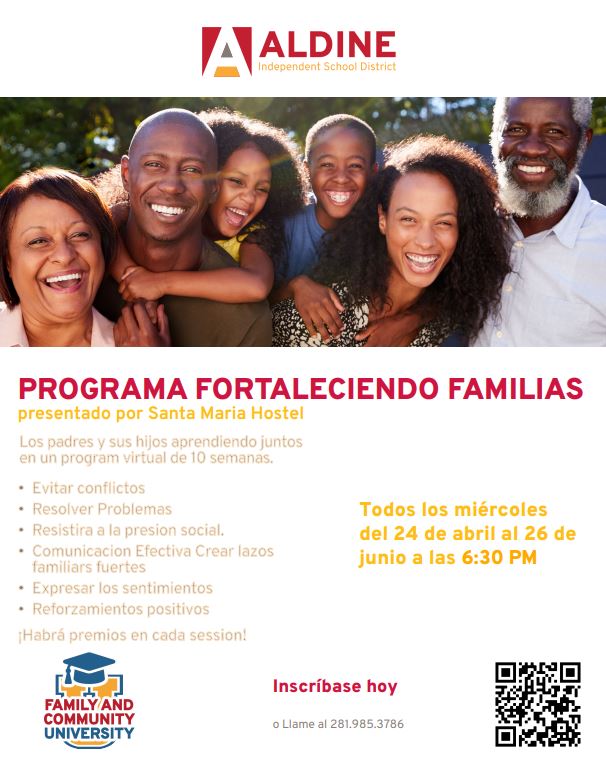 📣FREE FREE FREE!!!!!!!!! STRENGTHENING FAMILIES PROGRAM presented by Santa Maria Hostel. Every Wednesday from April 24 to June 26 at 5:30PM. Register today👇! @Aldine_FACE @AldineISD #santamariahostel #familyprograms