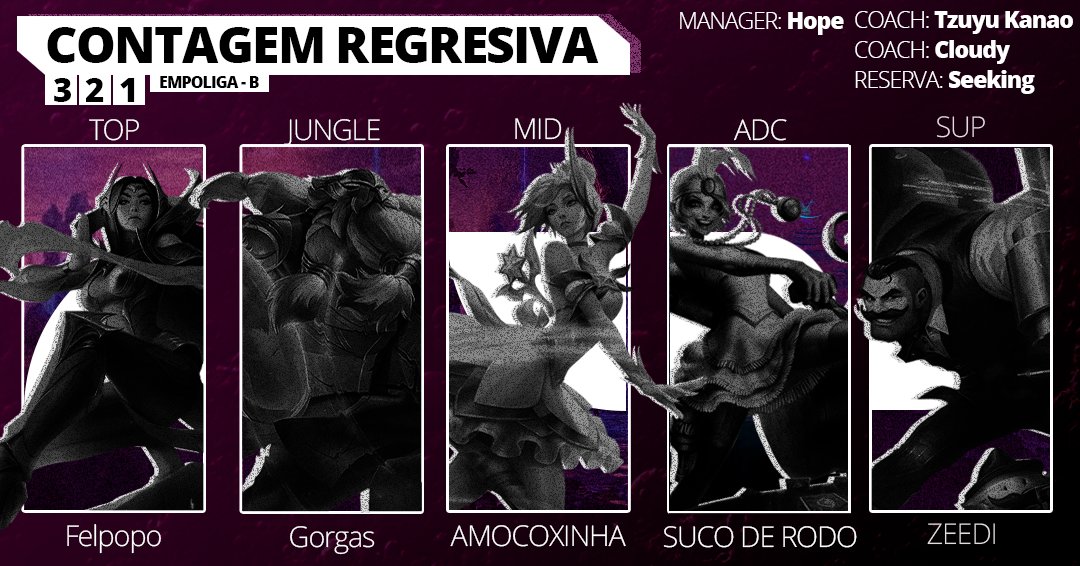 LunarisEsports's tweet photo. Os escolhidos da Lua 🌑💜
HOJE TEM @EmpoligaVP ❗️
Os players estão preparados para o nosso inicio na Major B🔥
⚔️ @felpopo_
🌴 @gorgaslol
🧙♂️ @Amocoxinha74837
🏹 @sucoderodo
🛡️ @Joao_anjosxd
🌴@LucasNegrelli17
📋 @Hopeshow10
📋 @TzuyuKanao
📋 @Cloudylol19 https://t.co/q1TyWGqS4y