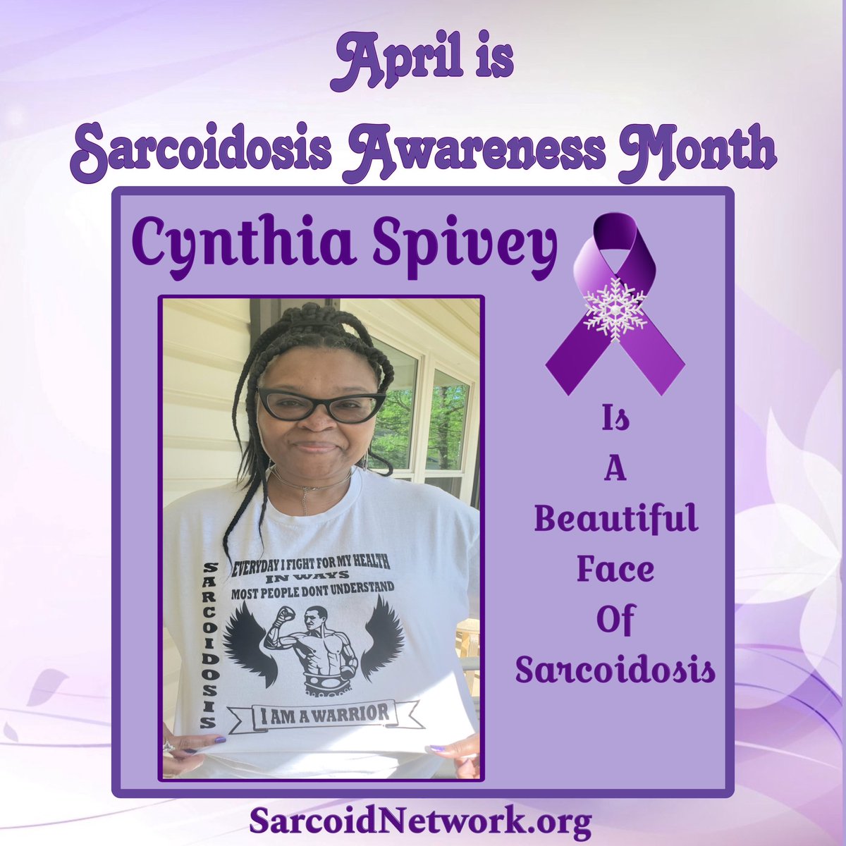 This is our Sarcoidosis Sister Cynthia Spivey and she is a Beautiful Faces of Sarcoidosis!💜

#Sarcoidosis #raredisease #patientadvocate #sarcoidosisadvocate #beautifulfacesofsarcoidosis #sarcoidosisawarenessmonth