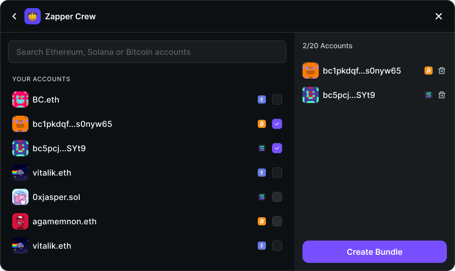 As part of this new feature, we also revamped our bundle experience: you can now create cross-chain bundles! 📁 Add your Solana, Bitcoin or Ethereum address to any bundle or create a new one!