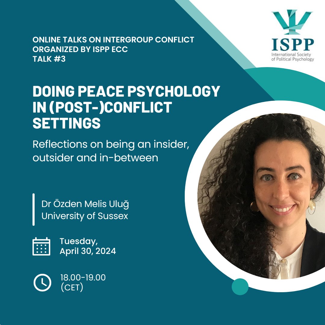 💡 Don't miss out on our online talk discussing peace psychology in a post-conflict setting! Join Dr. Özden Melis Uluğ as she explores the intricacies of this topic. 📅 Date: April 30, 2024 🕒 Time: 18:00 - 19:00 CET 🔗 Zoom Link: uva-live.zoom.us/j/87233787243 #ISPP #PeacePsychology