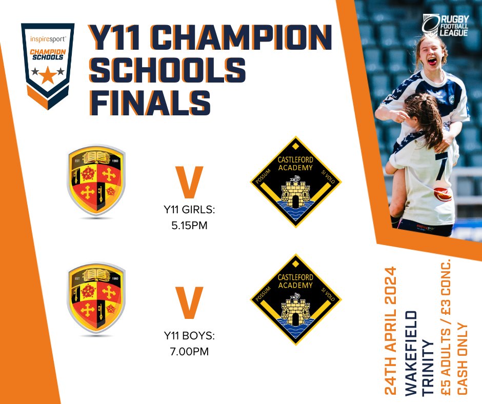 The Year 11 Boys and Girls @inspiresport Champion Schools Finals 🏆 Wednesday 24th April 📅 @StPeters_PE v @CastlefordPE DIY Kitchens Stadium, Belle Vue, Wakefield 📍