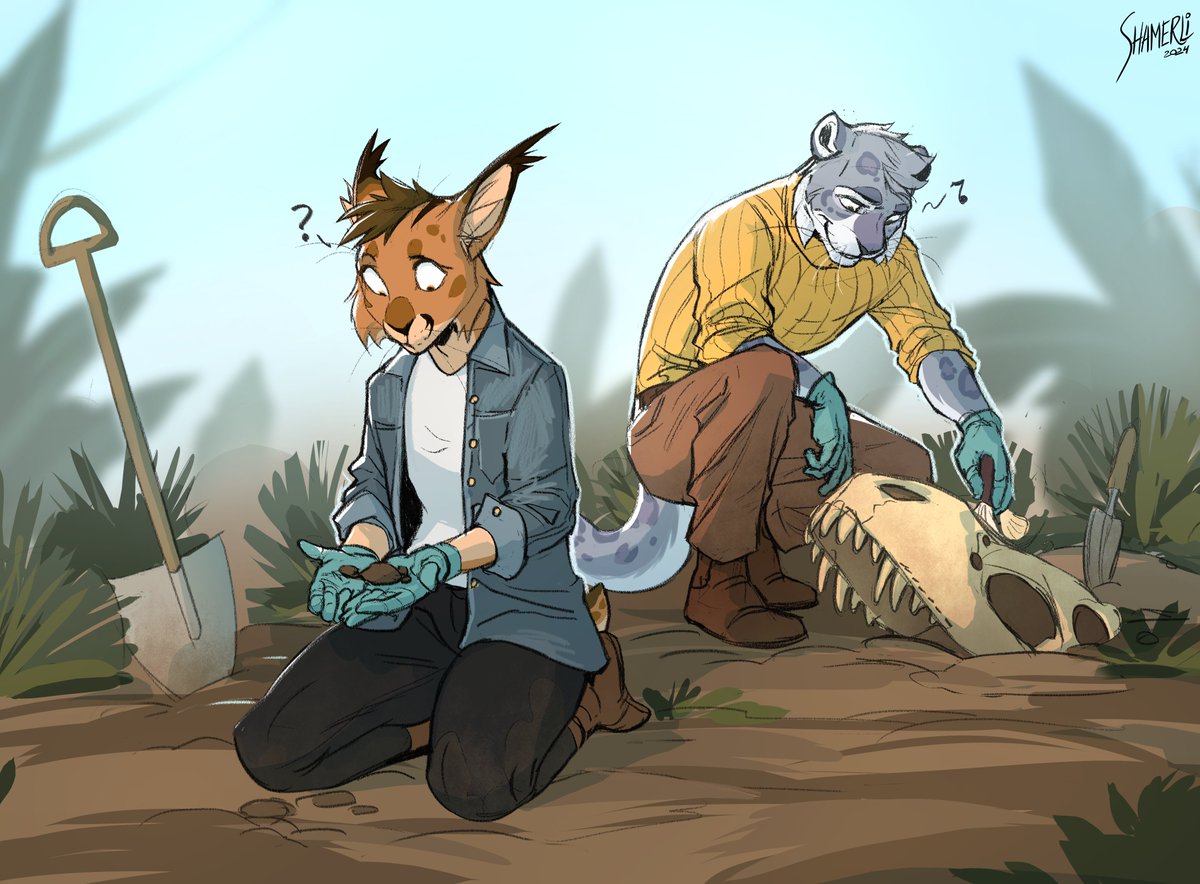 Some innate talent of acquiring rocks? Surely there is some mystery to unravel in dirt and pebbles... 🦖🦴 🐈 feat. Shio & Satou (art for our FWA room!) drawn by💗 @ShamerliArt