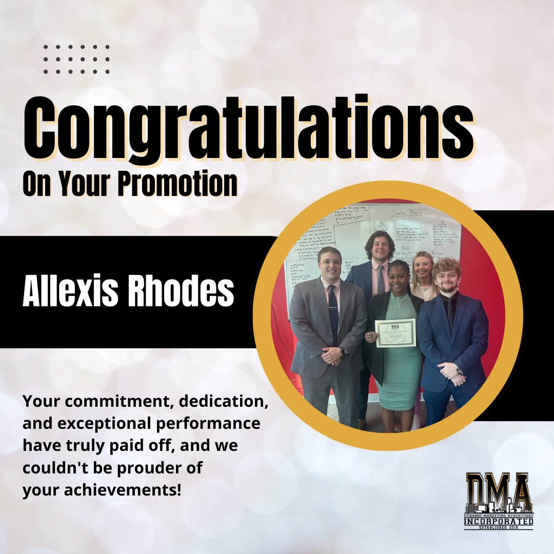 Cheers to Allexis on her promotion! 🎈 

Your passion, talent, and leadership shine brightly, and we're proud to have you on our team. Here's to your continued success!
-
#DynamicMarketingAcquisitionsCharlotte #PromotionCelebration #CareerMilestone