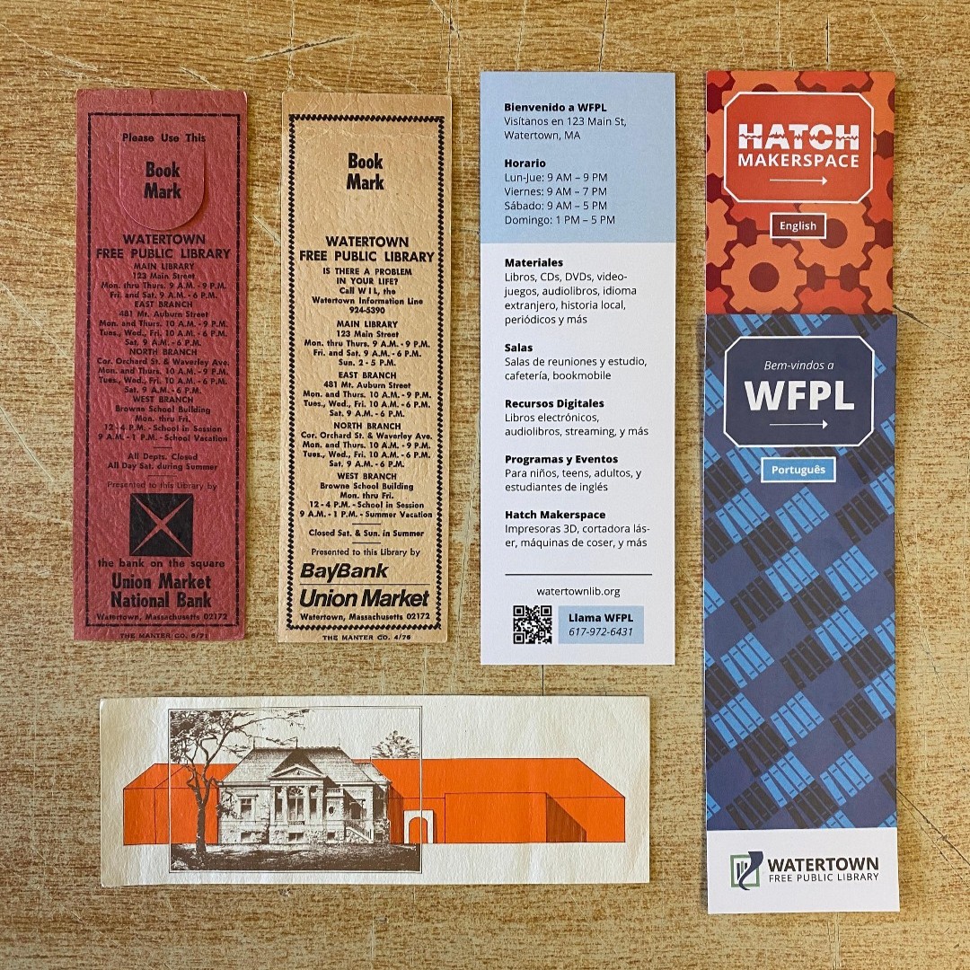 WFPL bookmarks through time. 🕰️ . The bookmarks in the top left are from 1971 and 72. We've expanded our open hours since those days! The bookmark at the bottom shows an early proposal for a library expansion which was eventually completed in 1956.