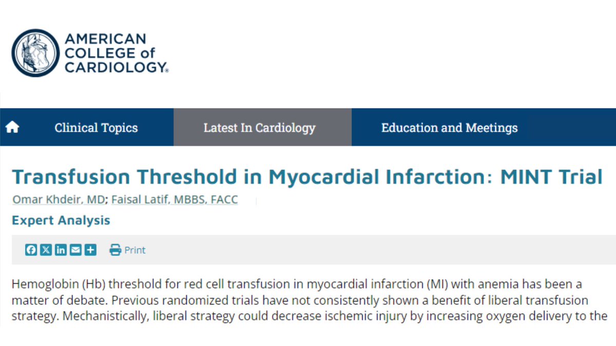 The MINT trial showed in patients w/ acute MI & anemia (Hgb <10 g/dL), a liberal transfusion goal (Hgb ≥10 g/dL) was not superior to a restrictive strategy w/ respect to 30-day all-cause death and recurrent MI.

Read an expert analysis for more: bit.ly/3wFogR2 #cvACS