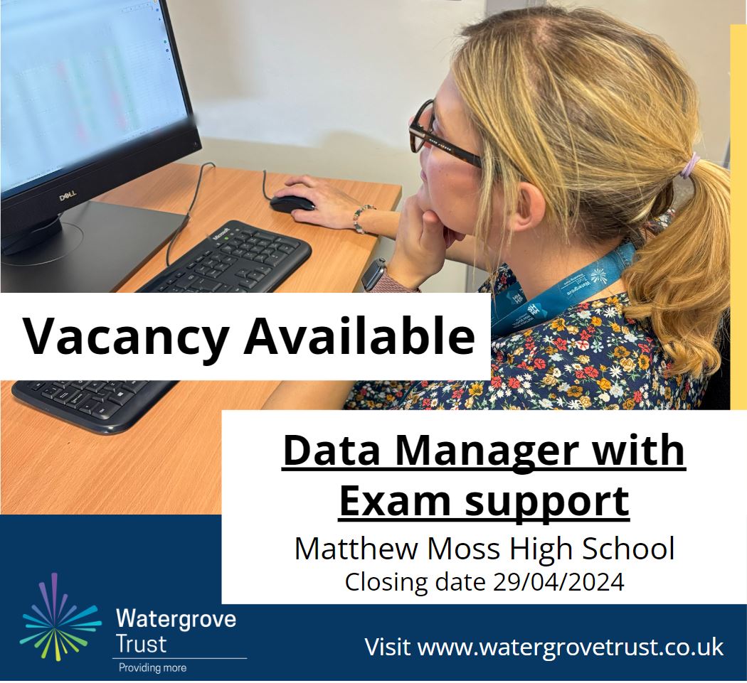 A new and exciting opportunity has arisen for a Data Manager to join the Watergrove Trust, based at Matthew Moss High School 🖥️ 🖥️ Apply here: bit.ly/49HBmv0 #providingmore #watergrovetrust #getrochdaleworking #vacancies #CHANGE