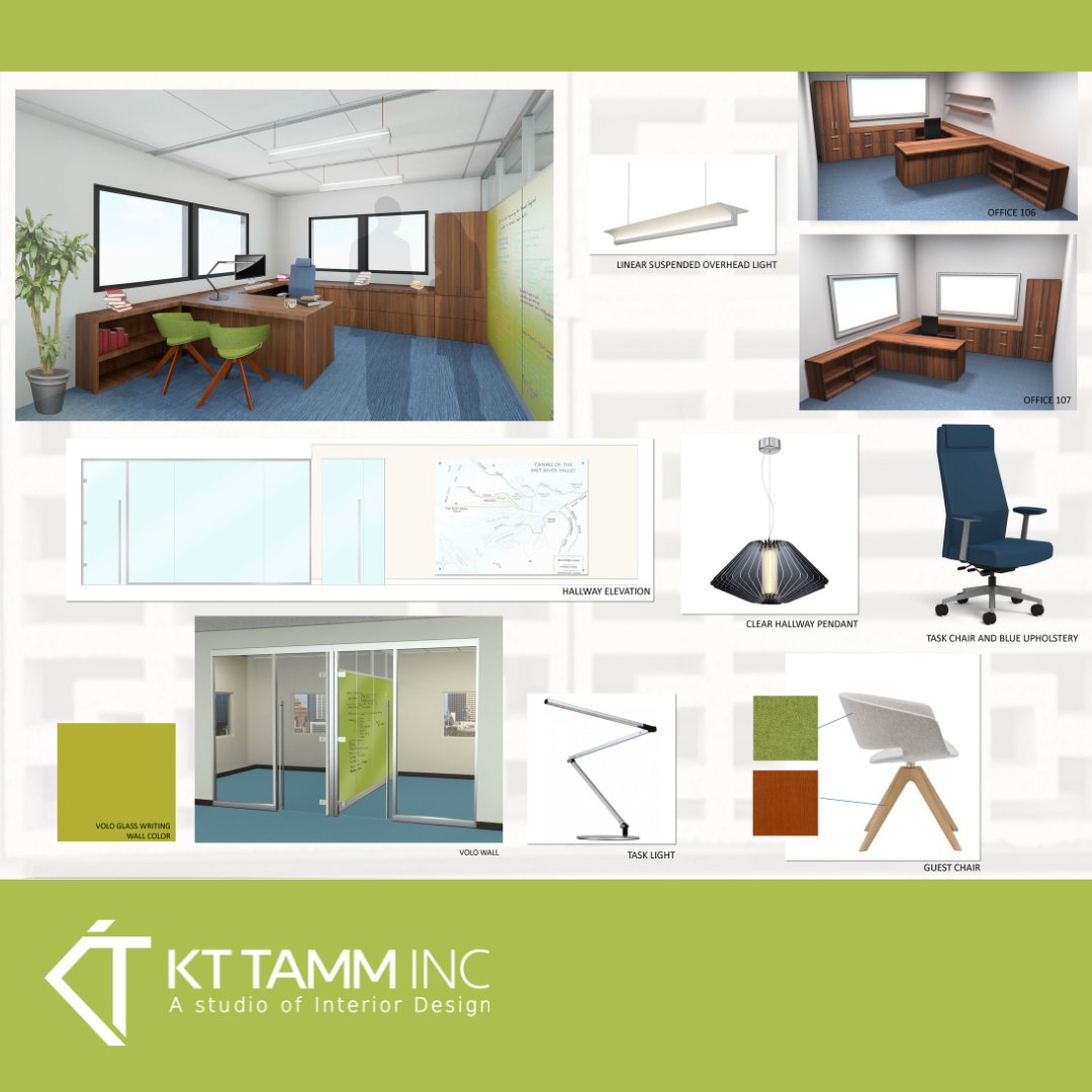 By revamping underutilized areas in this charming #MidCenturyModern office, KT Tamm created a spacious, open-concept office that maximized functionality while celebrating the building's unique architectural character. bit.ly/3TgrOkh #OfficeTransformation #OfficeDesign